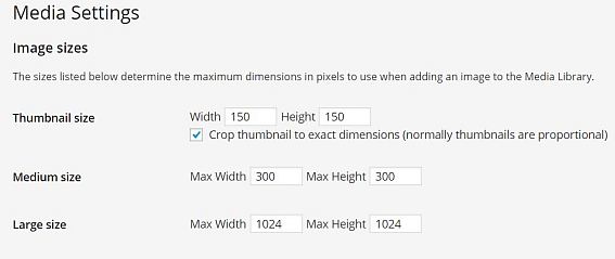 WordPress image size setting in dashboard