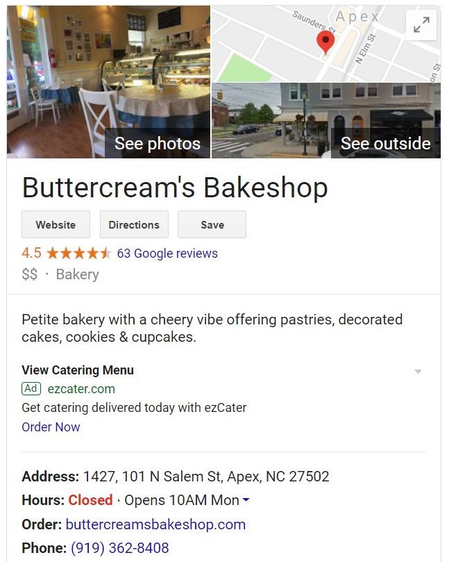 Buttercream's Bakeshop Google My Business Listing