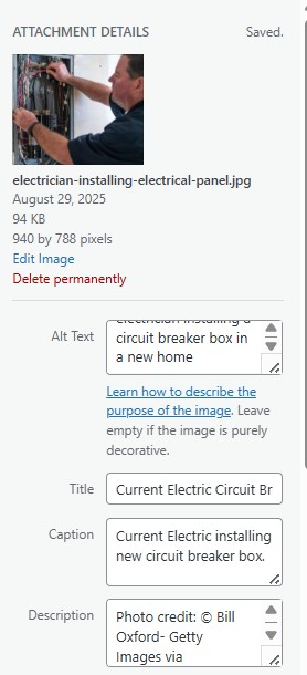 Example of media detail fields such as Alt Text and Title when uploading an image to WordPress